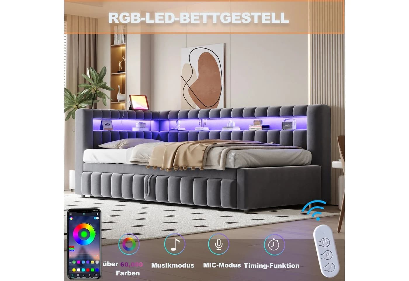 Flieks Daybett Polsterbett Schlafsofa 90/180x200cm Samt - Bild 3
