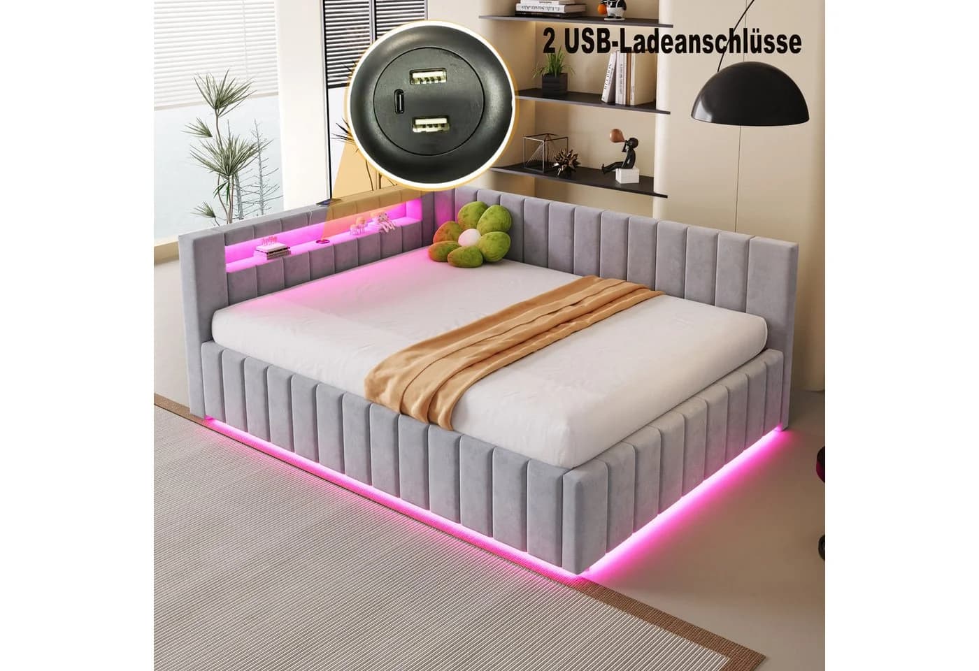 Flieks Daybett Hydraulisches Polsterbett Schlafsofa 140x200cm mit LED und USB-Laden
