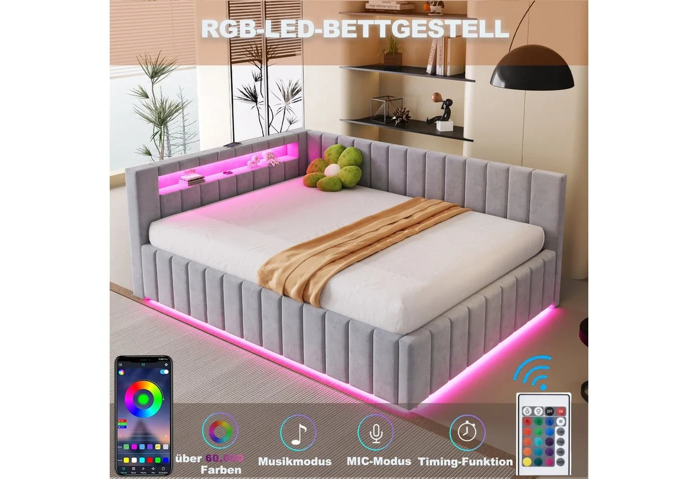 Flieks Daybett Hydraulisches Polsterbett Schlafsofa 140x200cm mit LED und USB-Laden - Bild 5