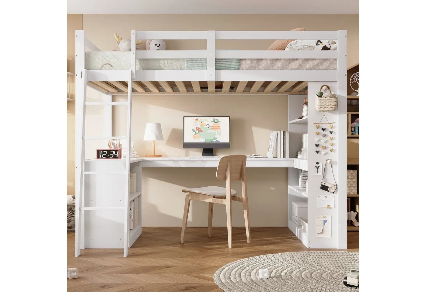 Flieks Hochbett Kinderbett 90x200cm mit Schreibtisch und Stauraumregal