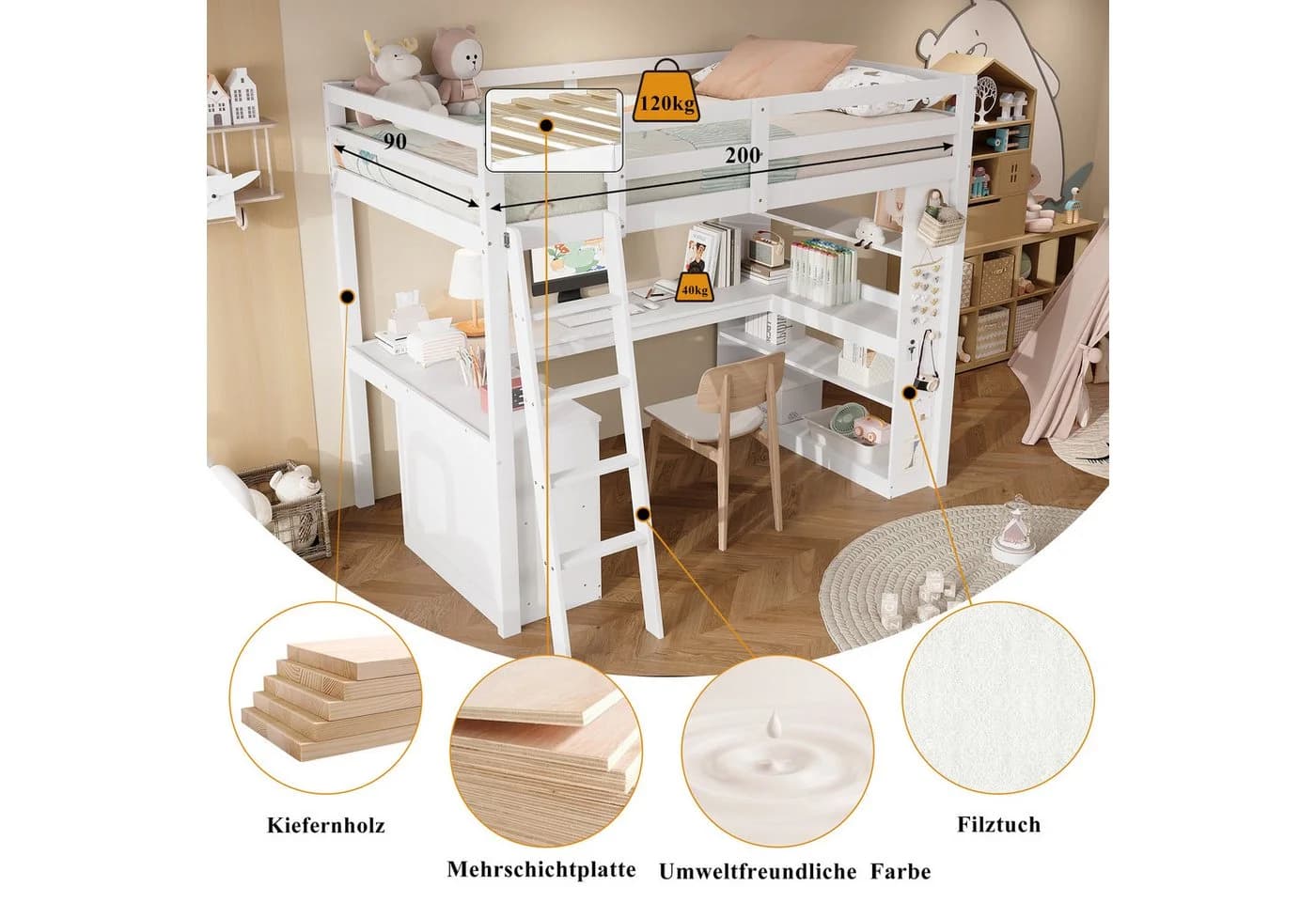 Flieks Hochbett Kinderbett 90x200cm mit Schreibtisch und Stauraumregal - Bild 4