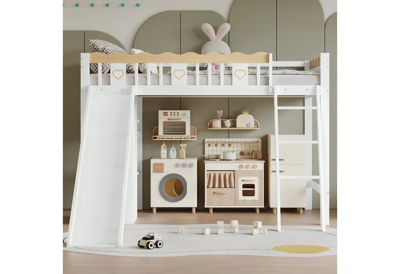 Flieks Hochbett Kinderbett mit Rutsche, Schrank und Regal Weiß