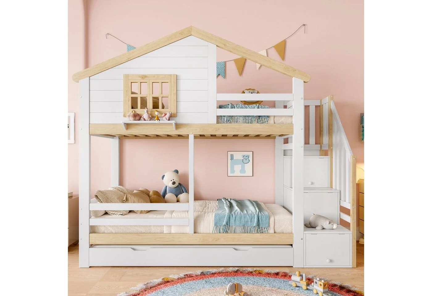 Flieks Etagenbett 90x200cm mit Ausziehbett 90x190cm & Stauraumtreppe