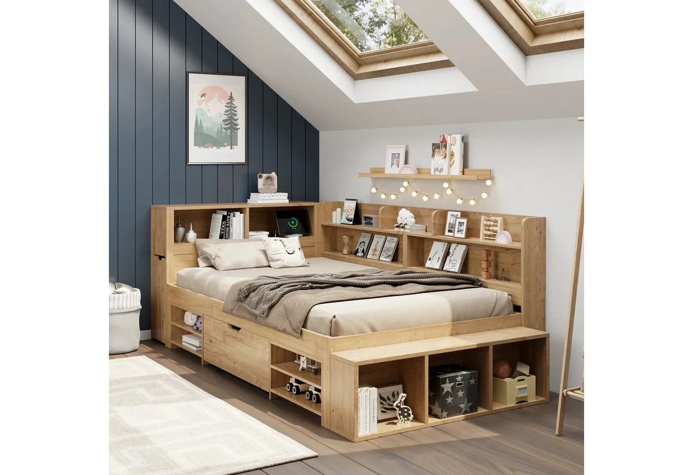 Flieks Kinderbett 90x200cm mit Schublade und Nachttisch Beige