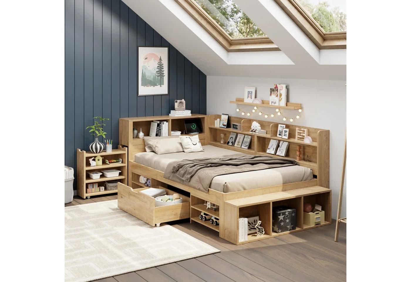 Flieks Kinderbett 90x200cm mit Schublade und Nachttisch Beige - Bild 2