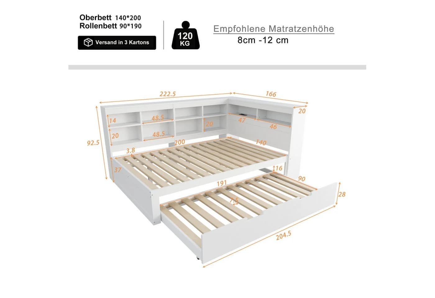 Flieks Massivholzbett Doppelbett mit Stauraum und USB - Bild 4