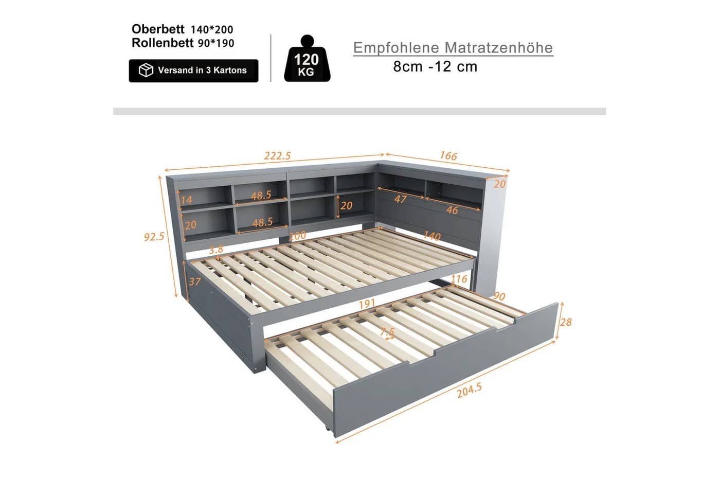 Flieks Massivholzbett Grau mit Stauraum und USB-Aufladen - Bild 4