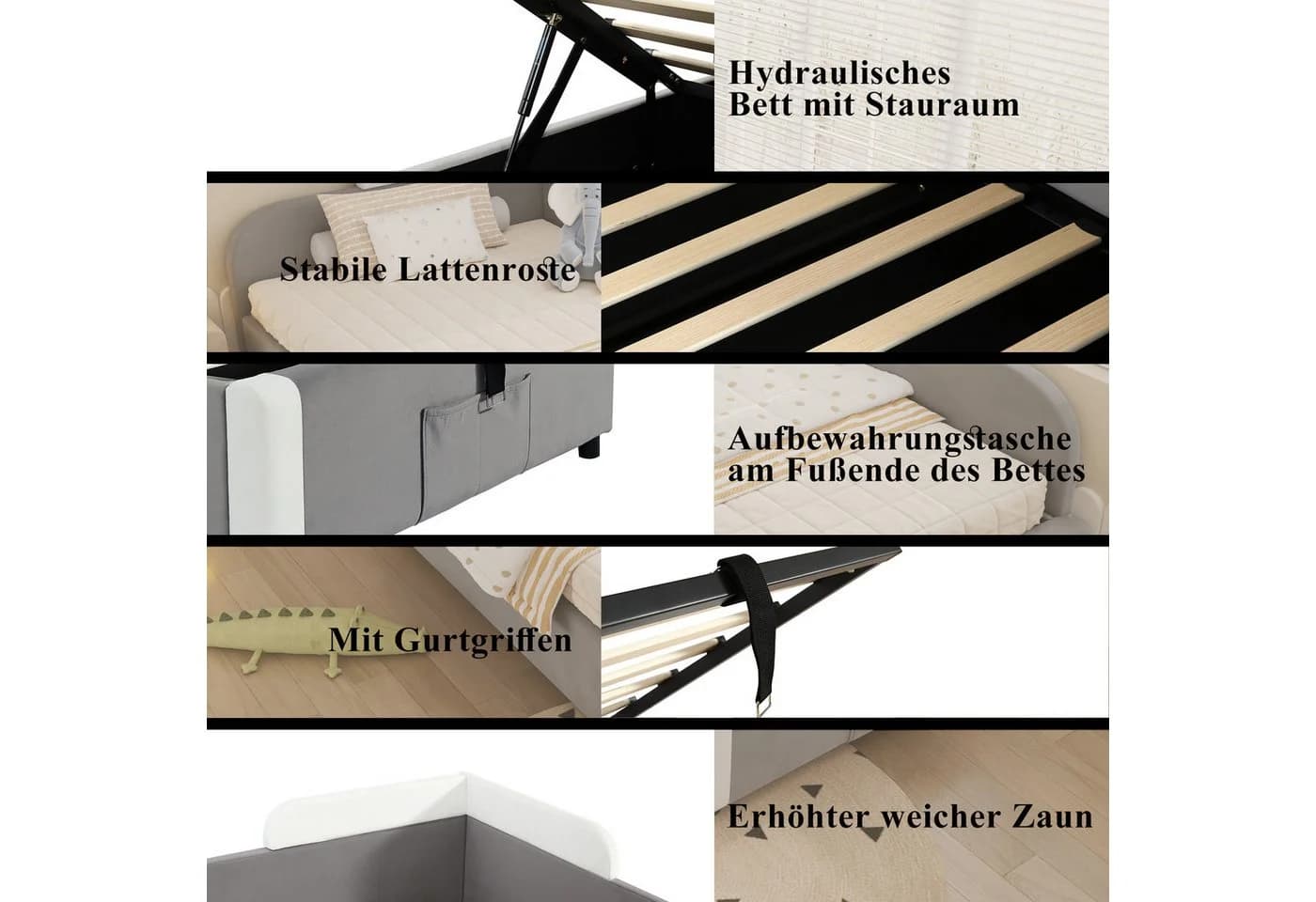 Flieks Polsterbett Grau Hydraulisches Stauraumbett mit erhöhtem Zaun - Bild 4