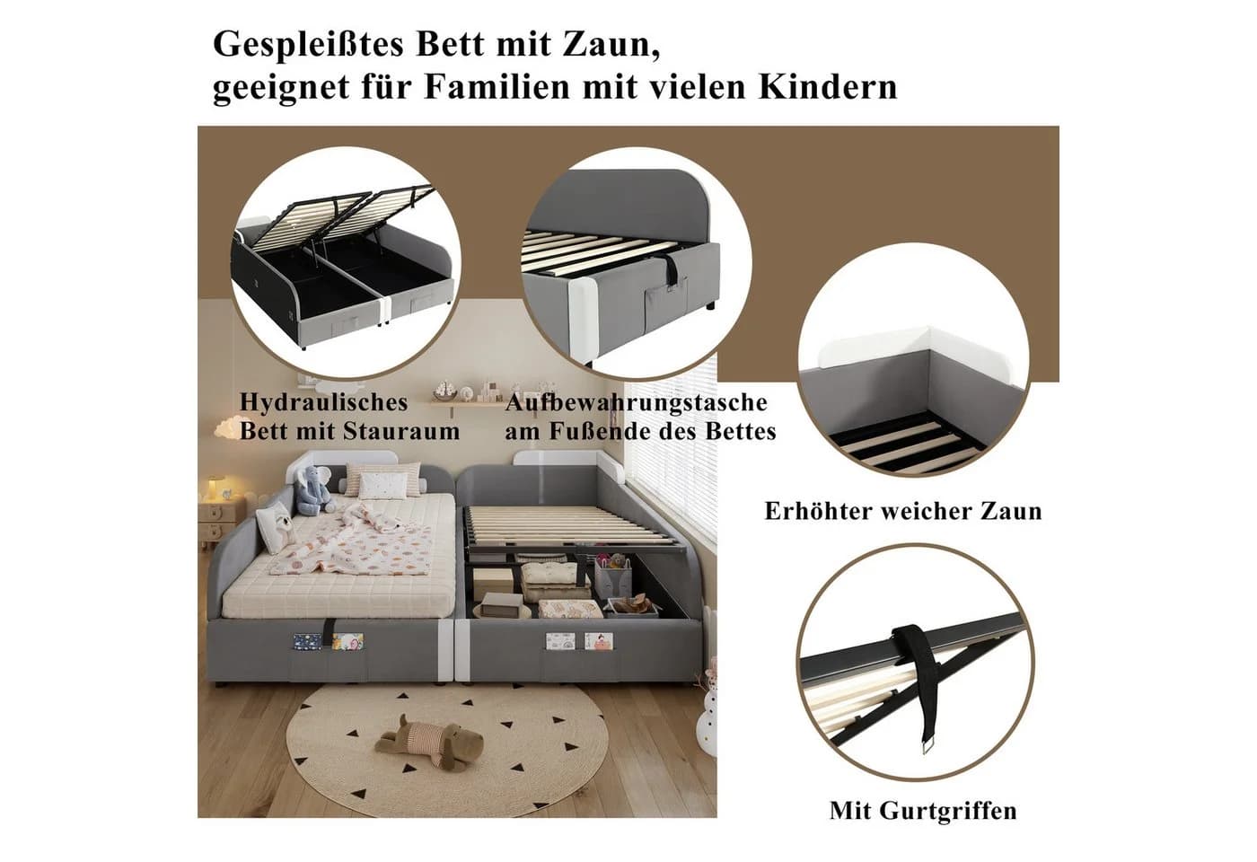 Flieks Polsterbett 90x200 Hydraulisches Stauraumbett mit erhöhtem Zaun Grau Samt - Bild 3
