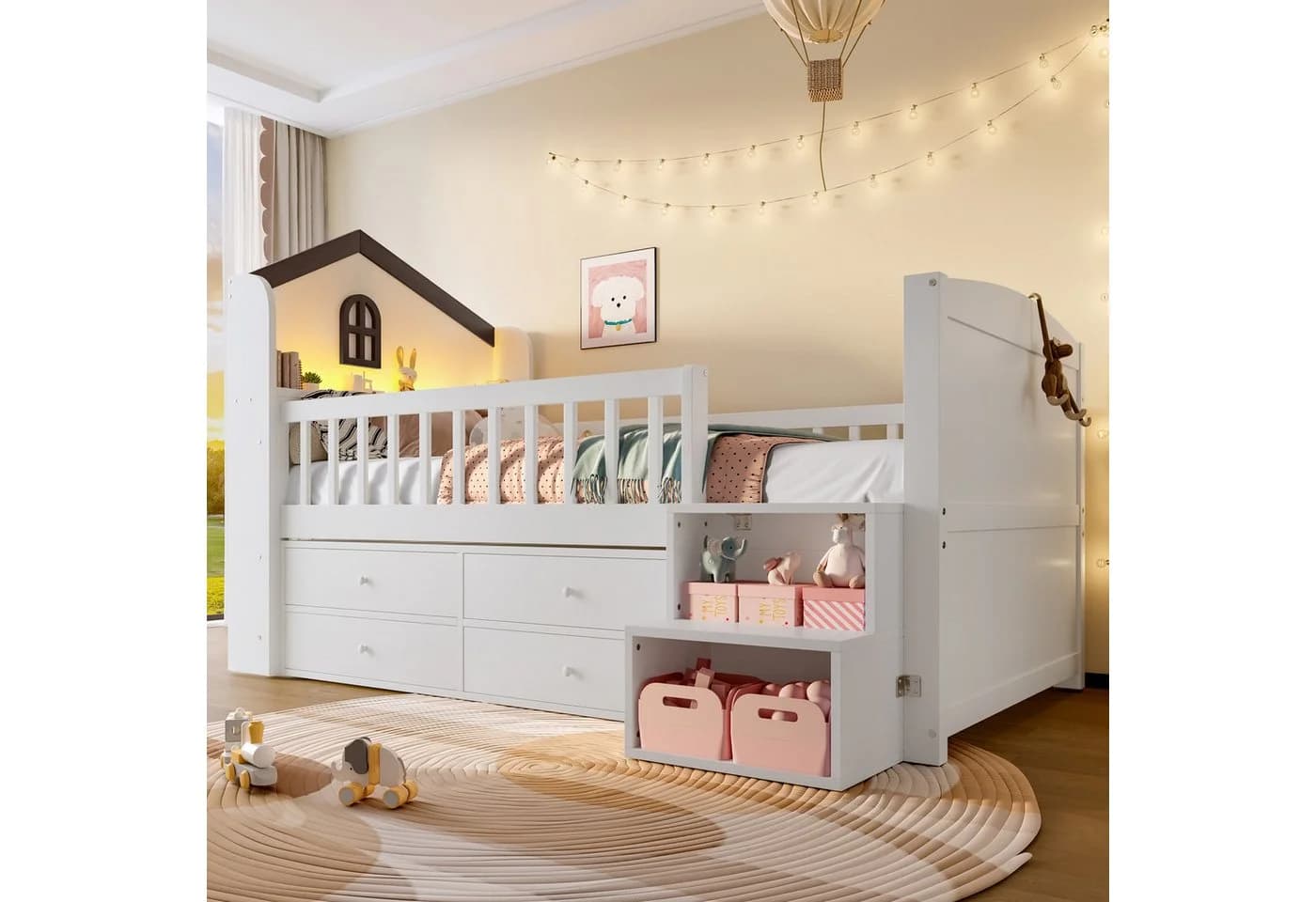 Flieks Kinderbett Halbhohes Hausbett mit LED und 4 Schubladen Weiß