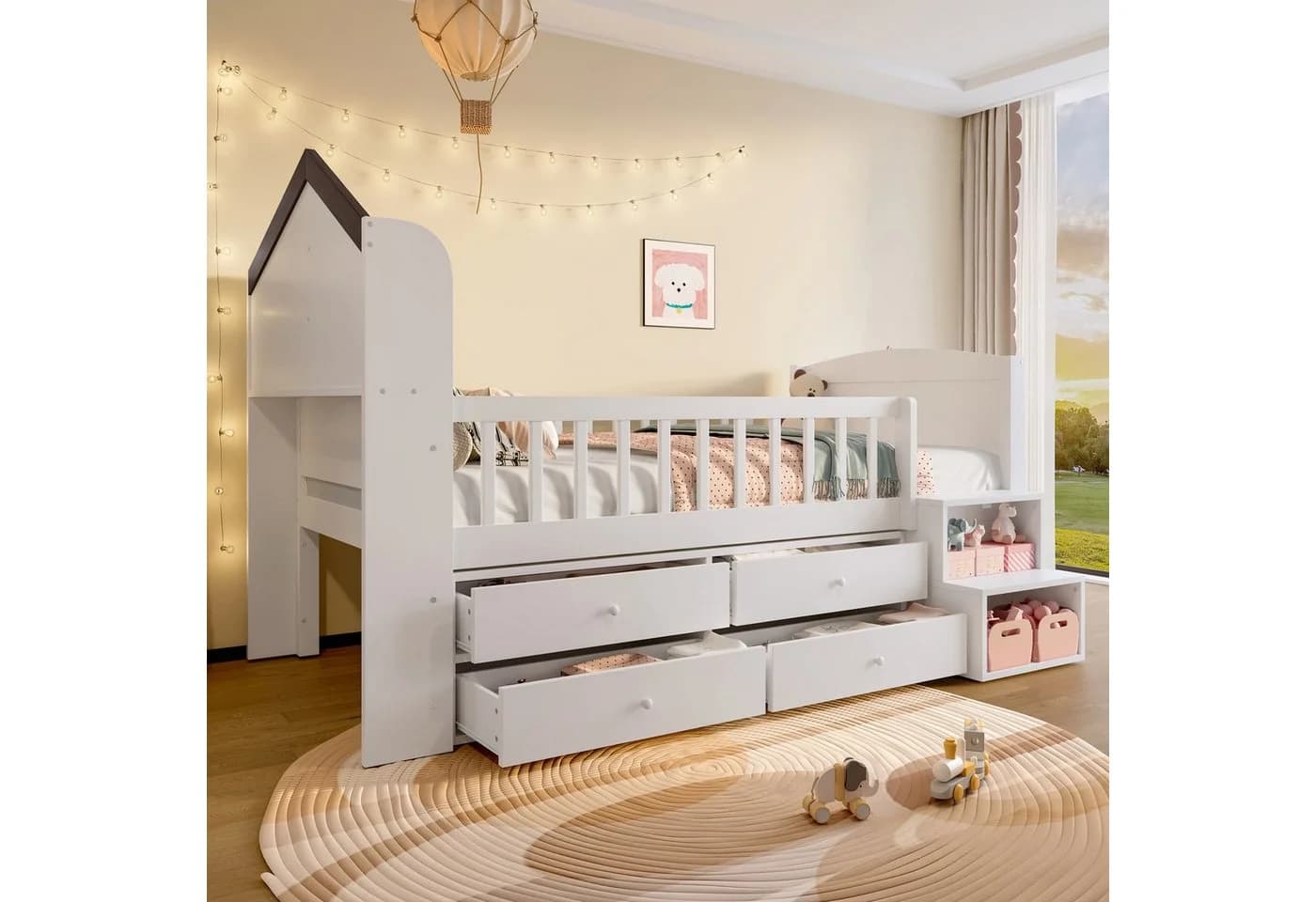Flieks Kinderbett Halbhohes Hausbett mit LED und 4 Schubladen Weiß - Bild 4