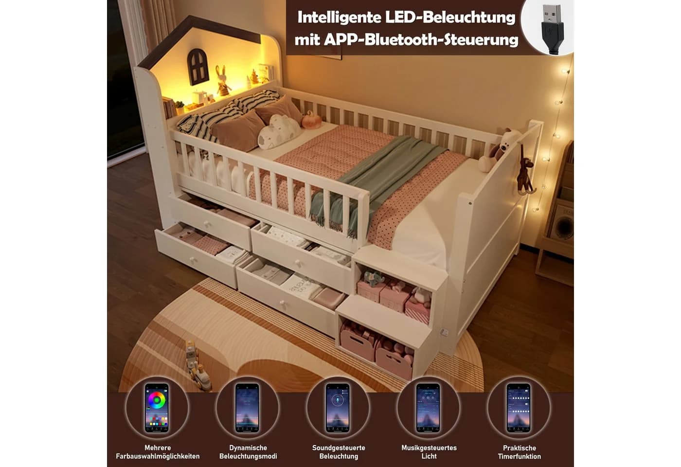 Flieks Kinderbett Halbhohes Hausbett mit LED und 4 Schubladen Weiß - Bild 5
