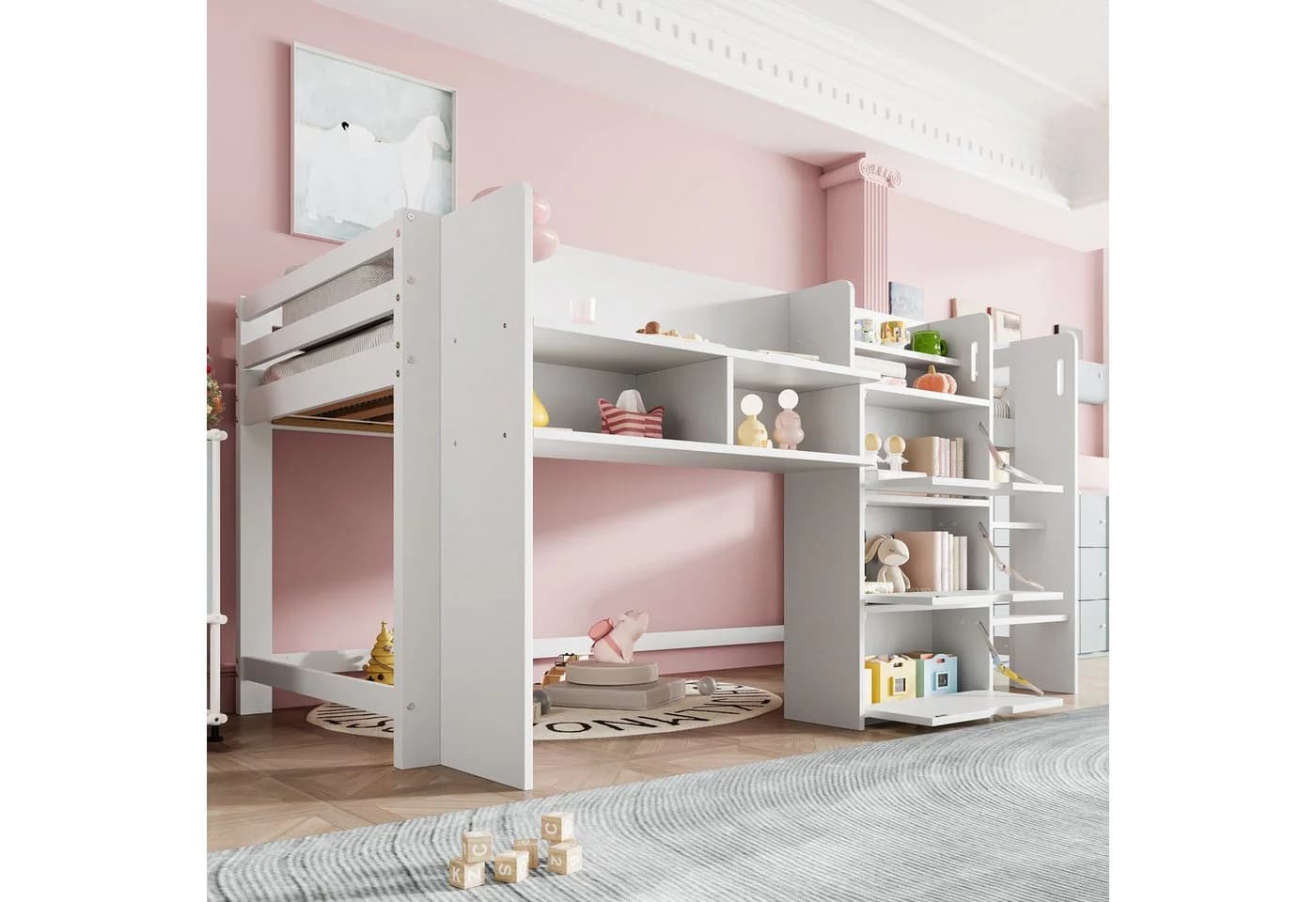 Flieks Hochbett Halbhohes Kinderbett 90x200cm Weiß mit Stauraum