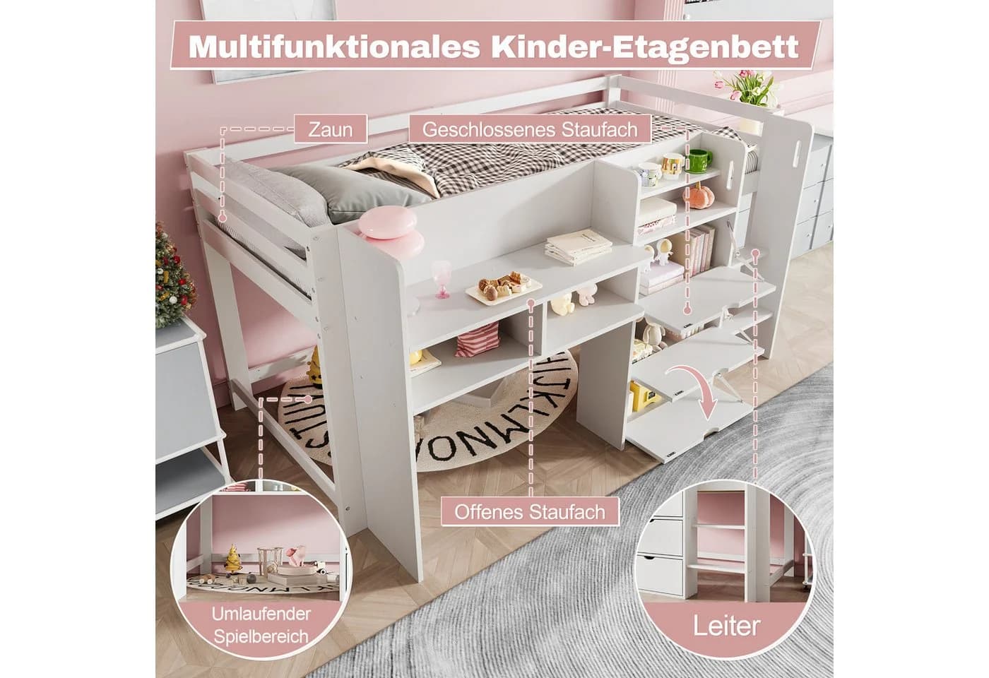 Flieks Hochbett Halbhohes Kinderbett 90x200cm Weiß mit Stauraum - Bild 5