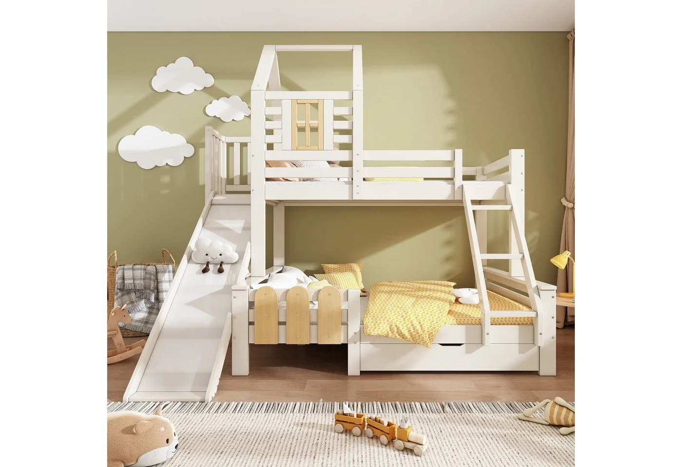 Flieks Etagenbett Hausdesign mit Rutsche und Schublade