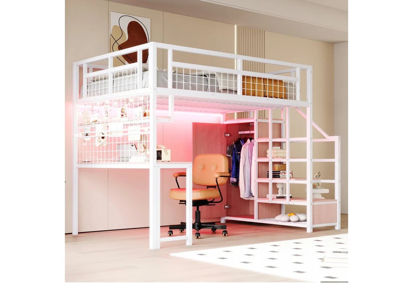Flieks Hochbett Metall 140x200 mit Stauraumtreppe Kleiderschrank Schreibtisch