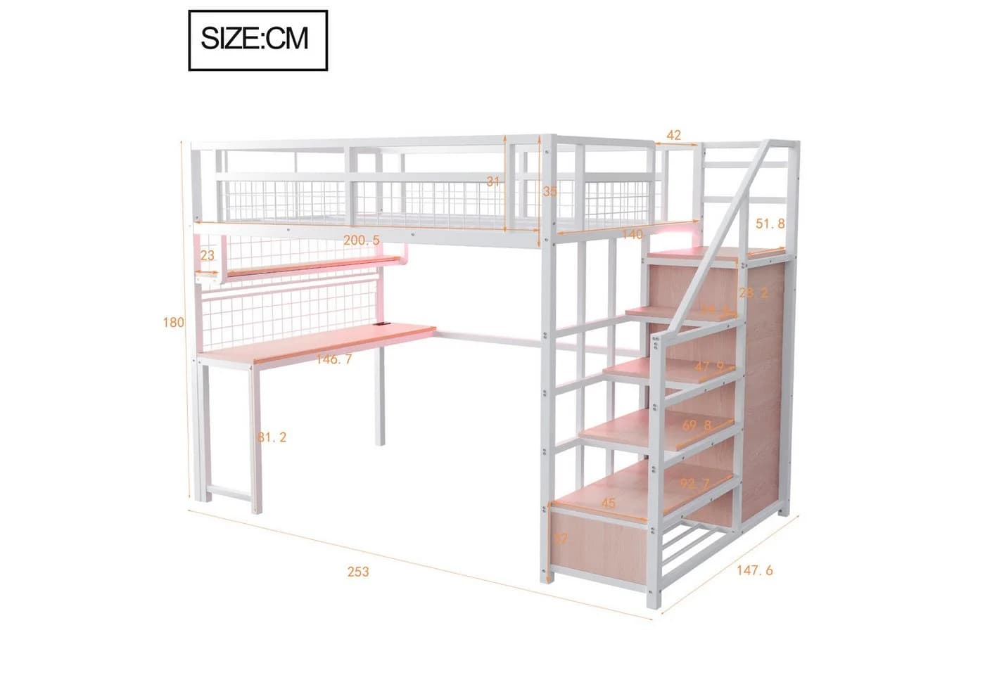 Flieks Hochbett Metall 140x200 mit Stauraumtreppe Kleiderschrank Schreibtisch - Bild 5
