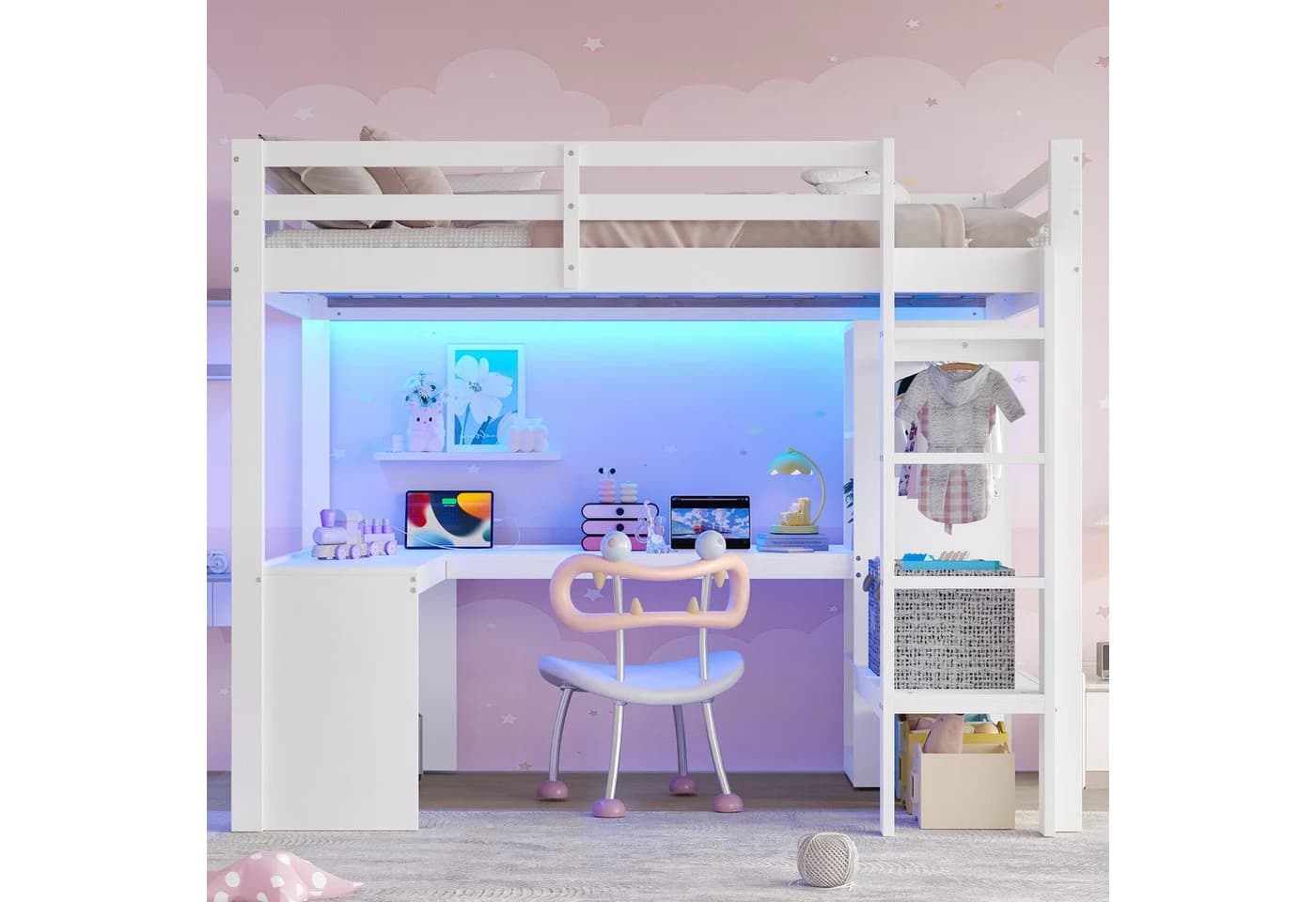 Flieks Hochbett Kinderbett 140x200cm mit LED USB Schreibtisch Stauraum - Bild 3