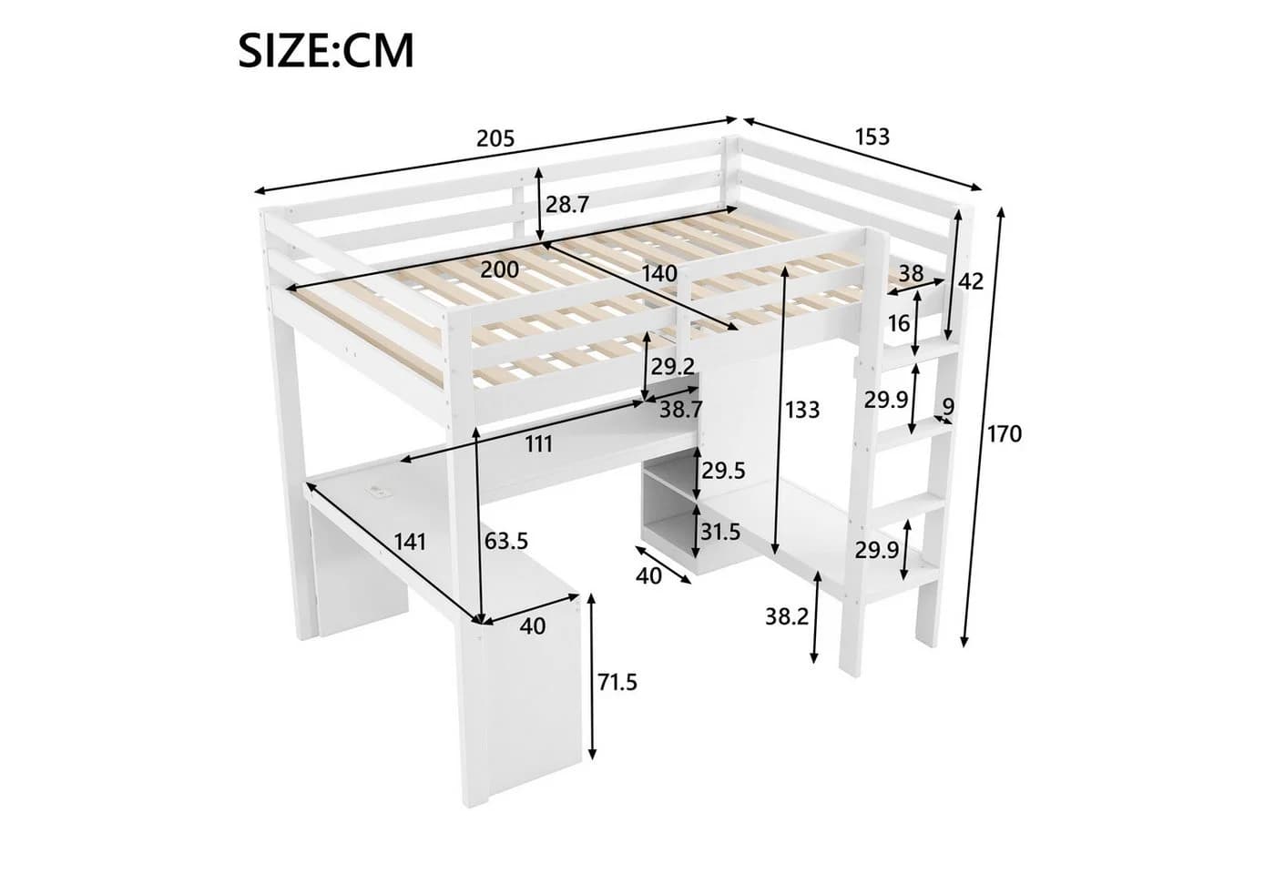 Flieks Hochbett Kinderbett 140x200cm mit LED USB Schreibtisch Stauraum - Bild 4