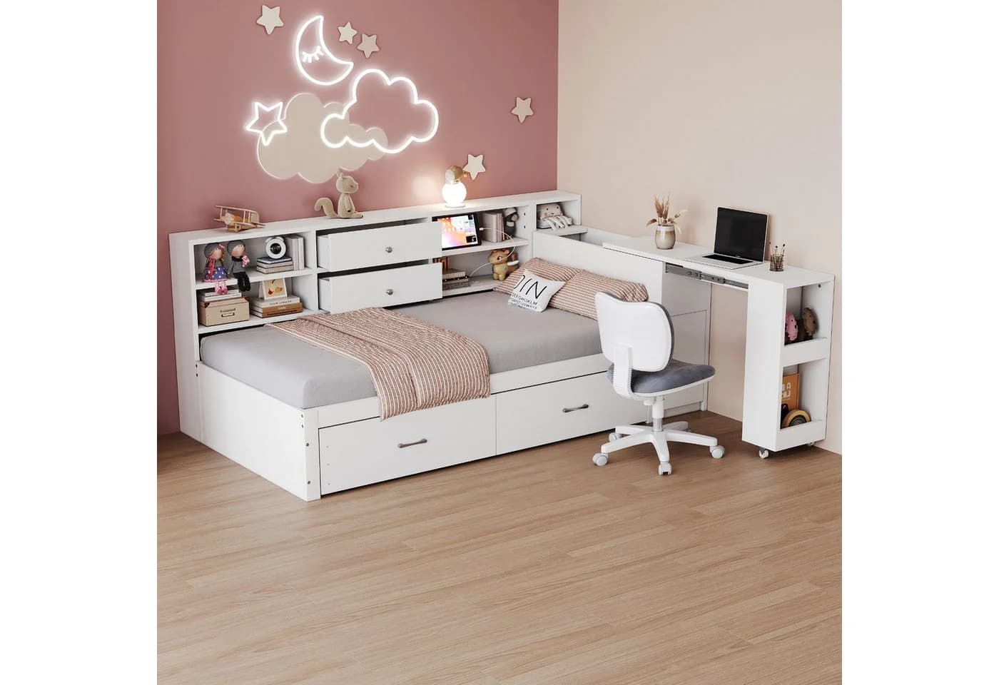 Flieks Kinderbett Daybett 90x200cm Weiß mit Schreibtisch & Stauraum