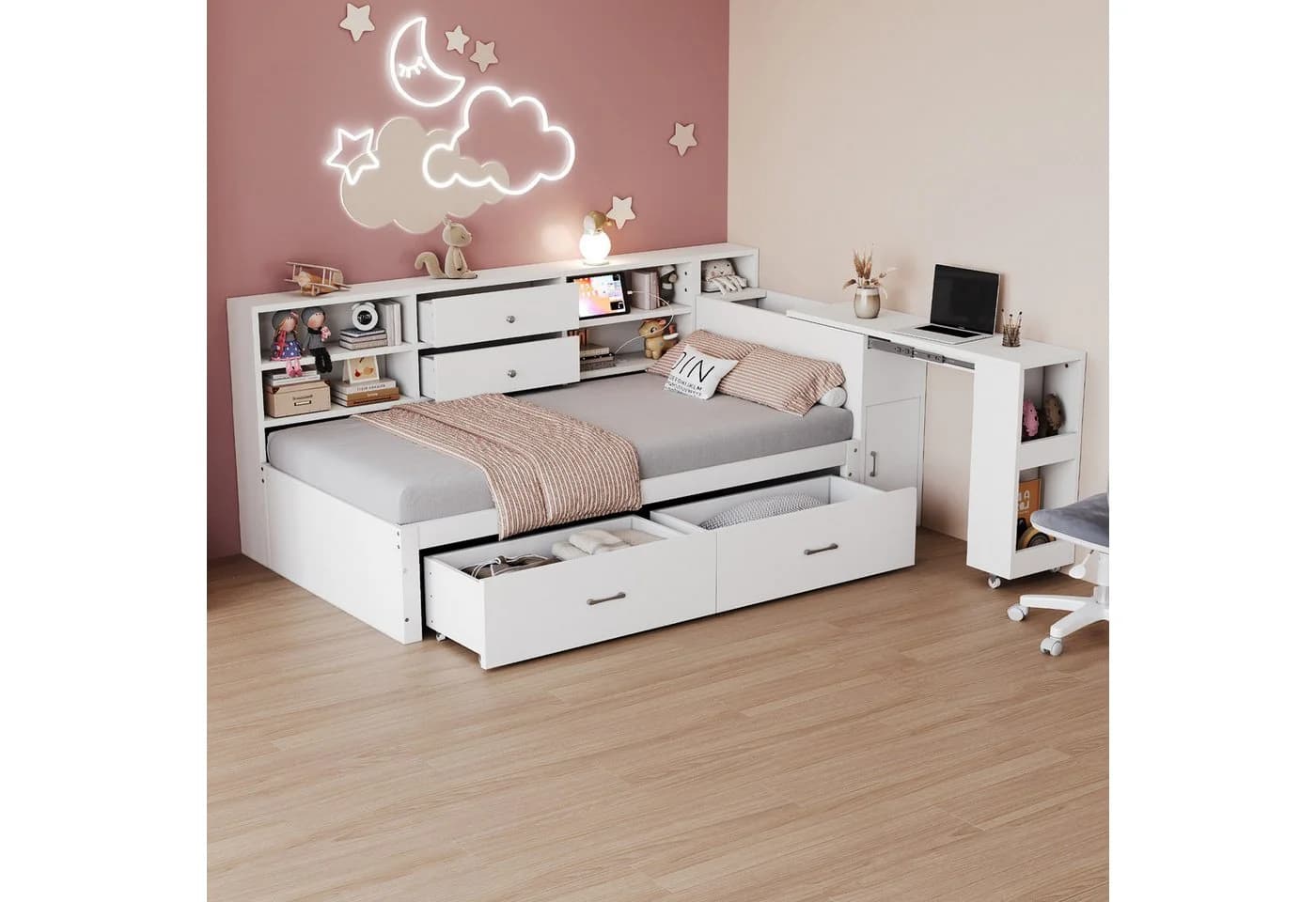 Flieks Kinderbett Daybett 90x200cm Weiß mit Schreibtisch & Stauraum - Bild 2