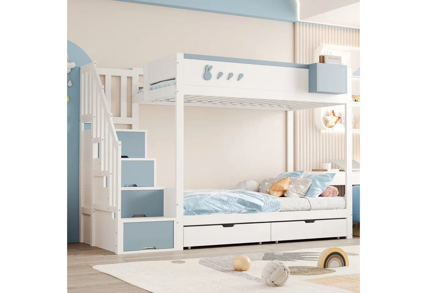 Flieks Etagenbett Kinderbett mit Stauraumtreppe und Schubladen Blau