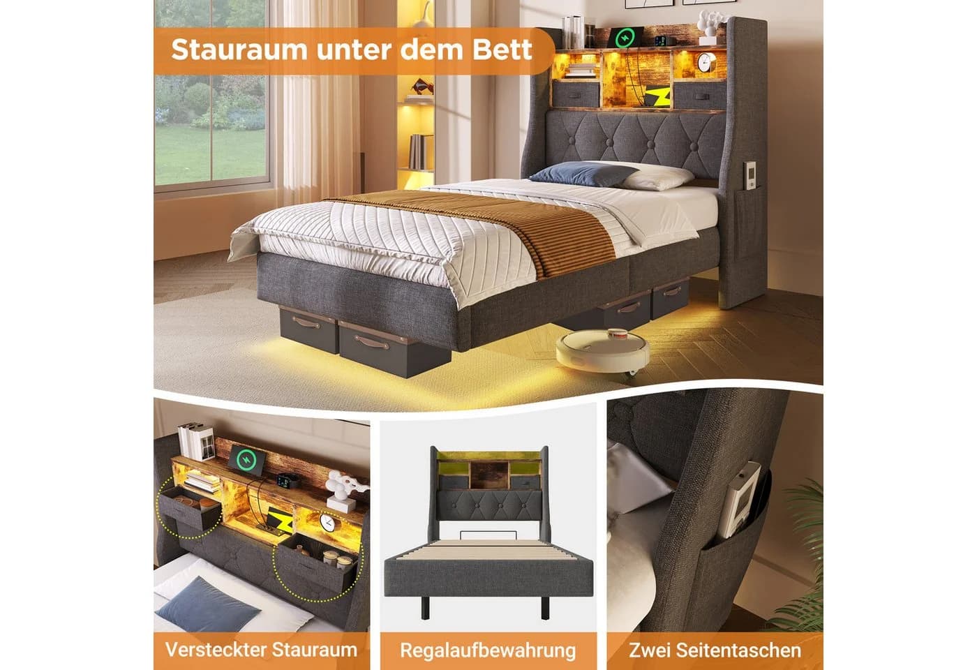 Flieks Polsterbett Schwebebett Grau LED Stauraum - Bild 5