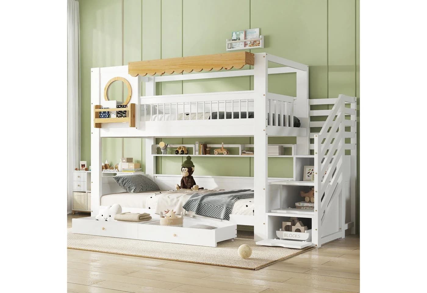 Flieks Etagenbett Massivholz 90x200cm mit Stauraumtreppe und Regal