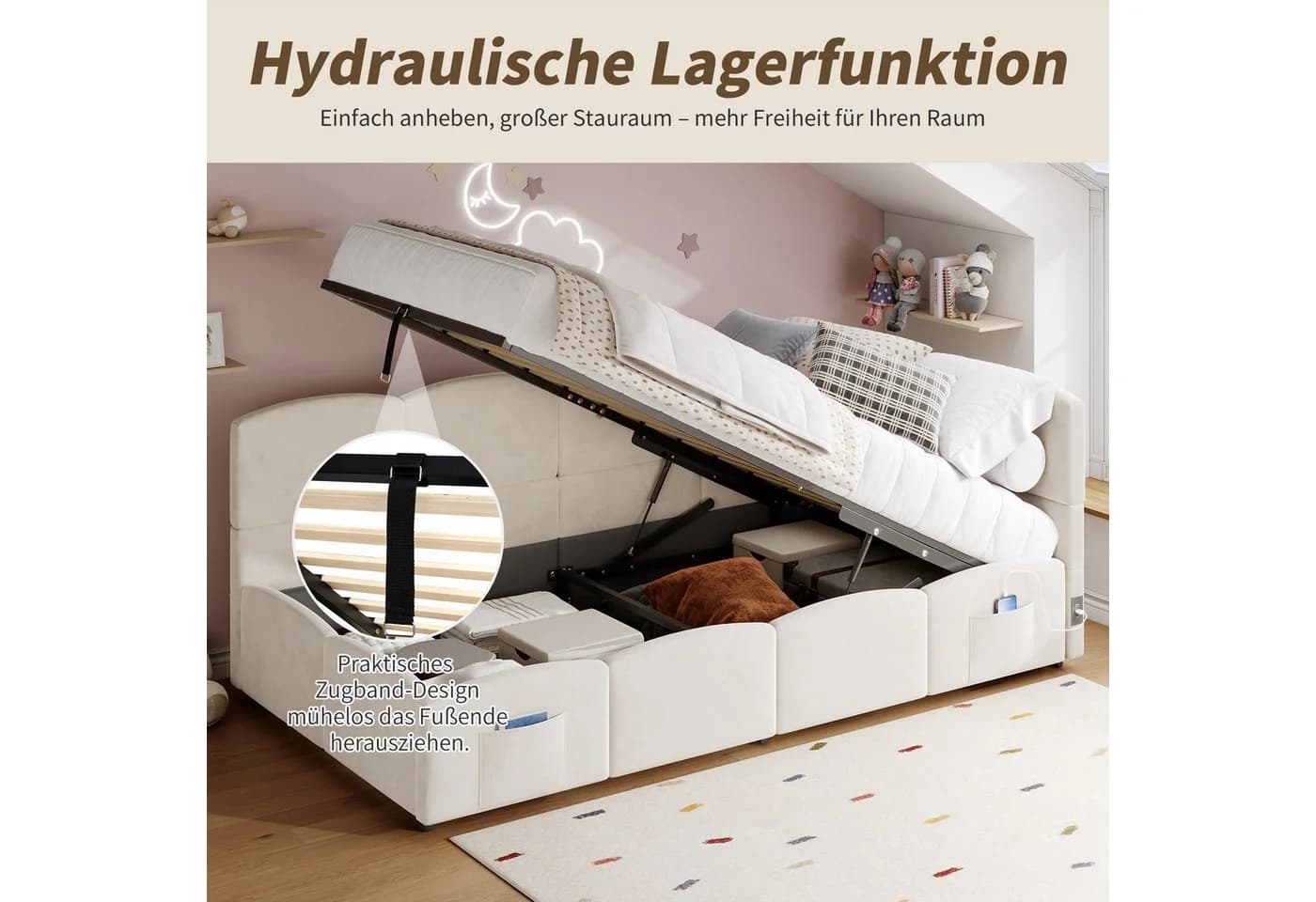 Flieks Polsterbett Hydraulisches Kinderbett Daybett 90x200cm mit USB-Aufladen & Stauraum - Bild 3