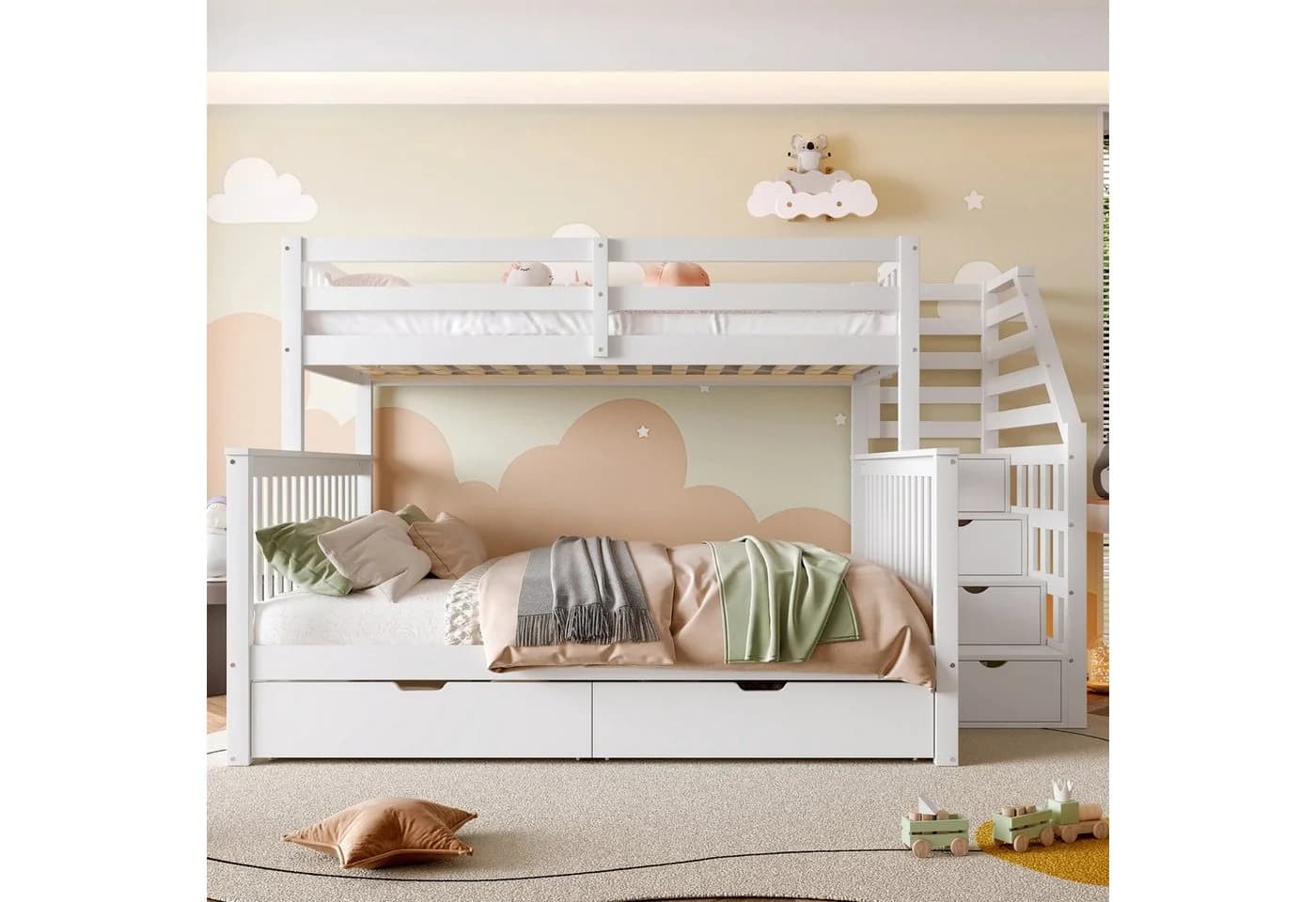 Flieks Etagenbett Kiefer Kinderbett mit Stauraumtreppe und Schubladen