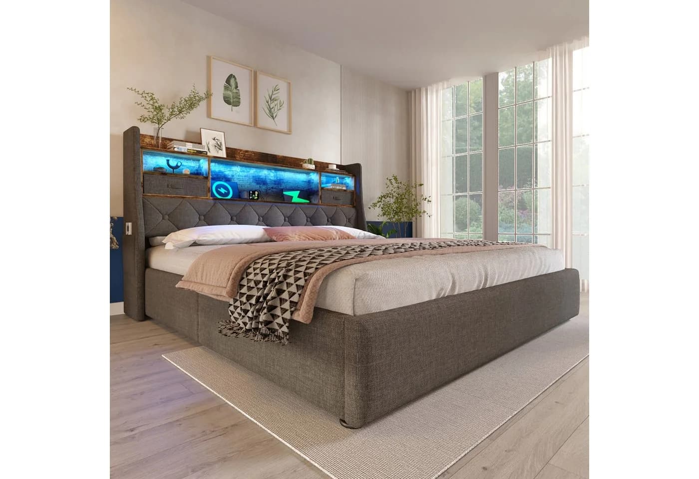 Flieks Polsterbett Hydraulisches Stauraumbett 180x200cm mit LED-Beleuchtung