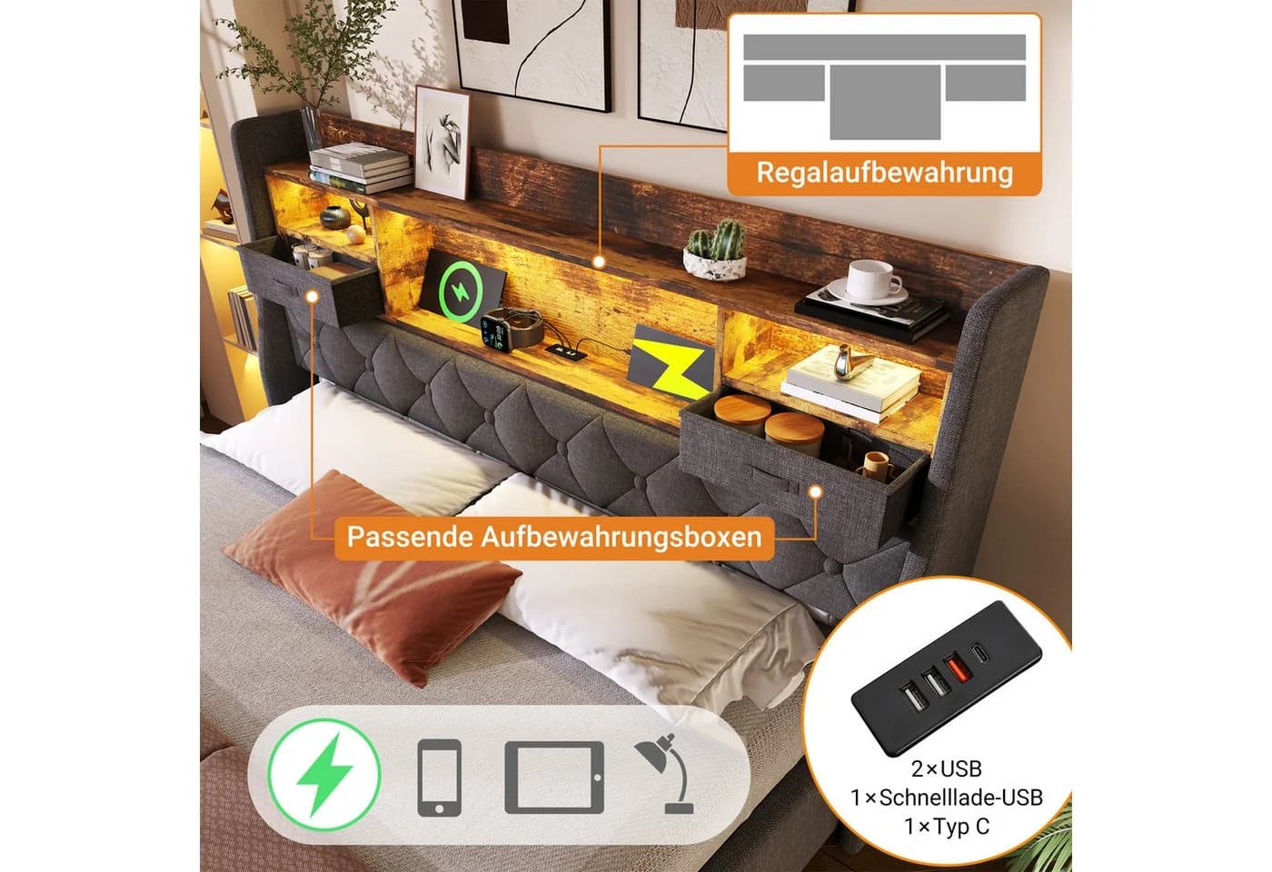 Flieks Polsterbett Hydraulisches Stauraumbett 180x200cm mit LED-Beleuchtung - Bild 5