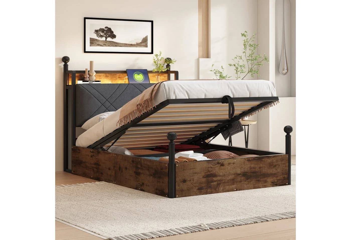 Flieks Himmelbett Hydraulisches Stauraumbett Metallbett 90x190cm mit LED und USB/Typ-C