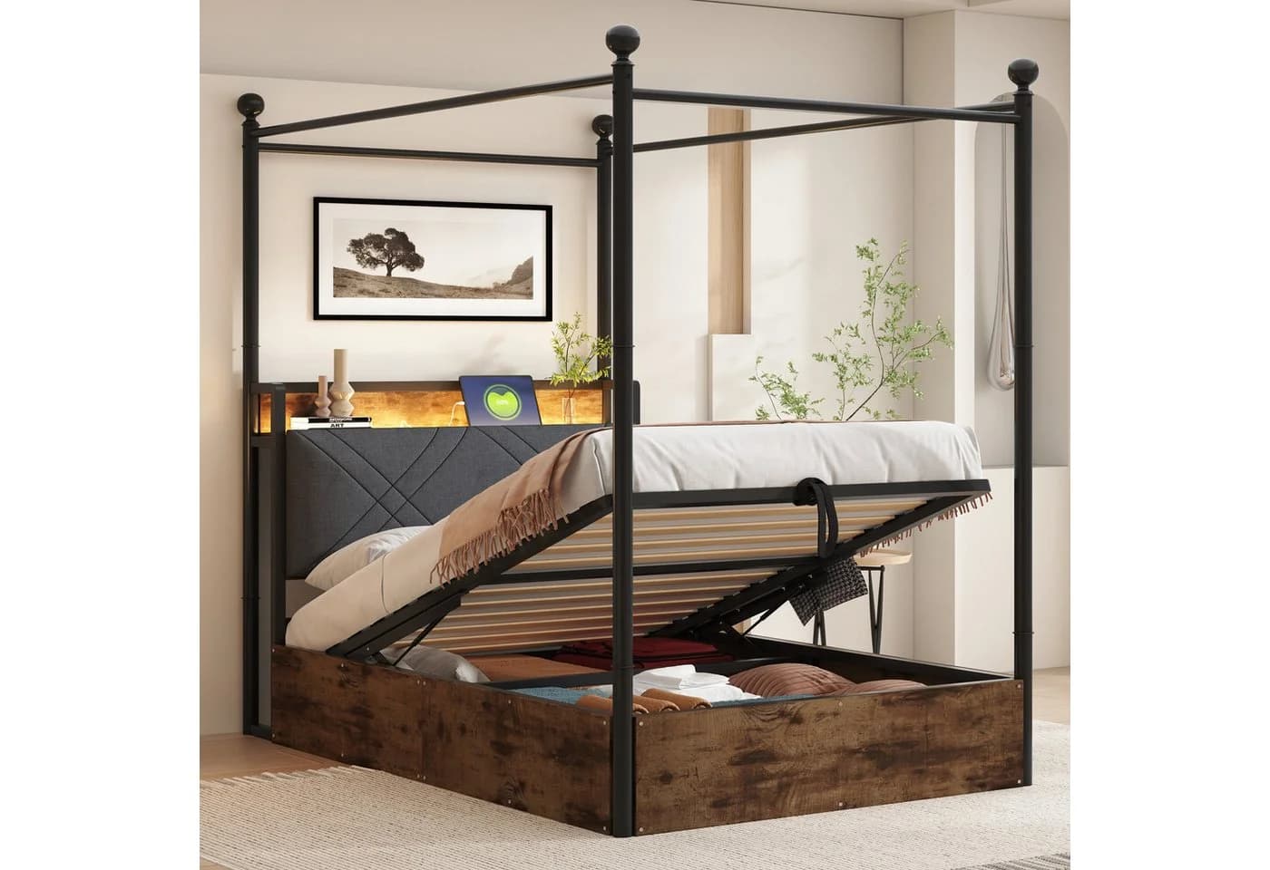 Flieks Himmelbett Hydraulisches Stauraumbett Metallbett 90x190cm mit LED und USB/Typ-C - Bild 2