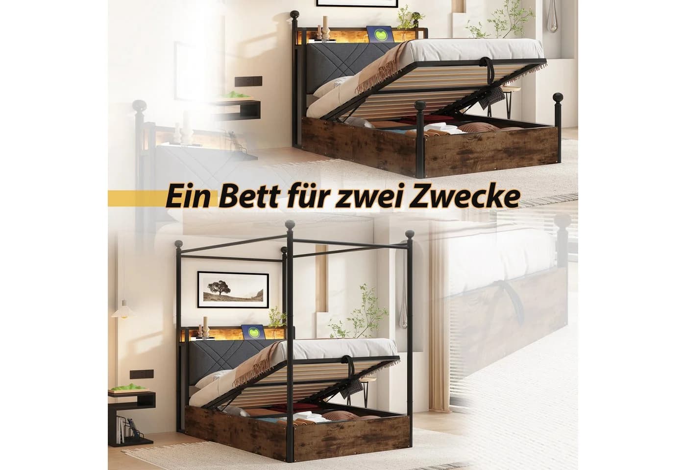 Flieks Himmelbett Hydraulisches Stauraumbett Metallbett 90x190cm mit LED und USB/Typ-C - Bild 5