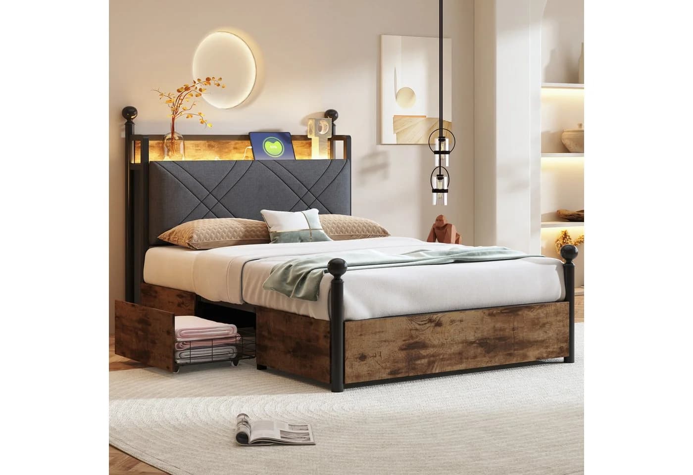 Flieks Himmelbett Stauraumbett Metallbett 90x190cm mit 2 Schubladen LED USB