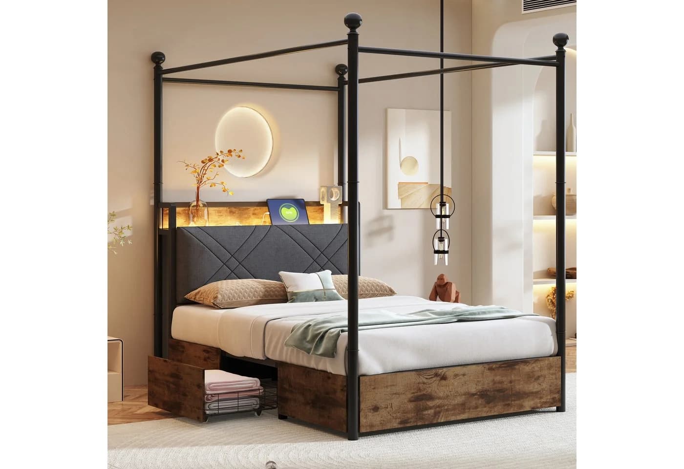 Flieks Himmelbett Stauraumbett Metallbett 90x190cm mit 2 Schubladen LED USB - Bild 2