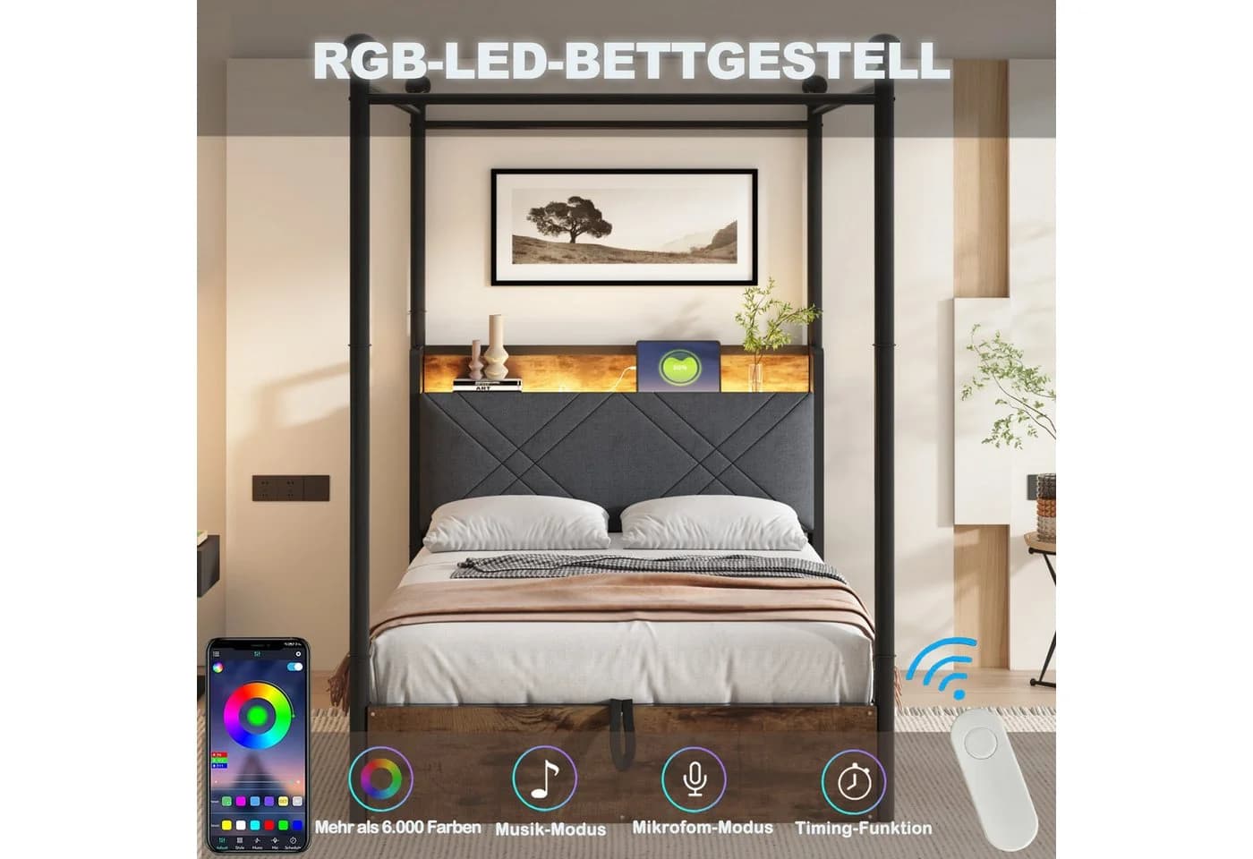 Flieks Himmelbett Stauraumbett Metallbett 90x190cm mit 2 Schubladen LED USB - Bild 3