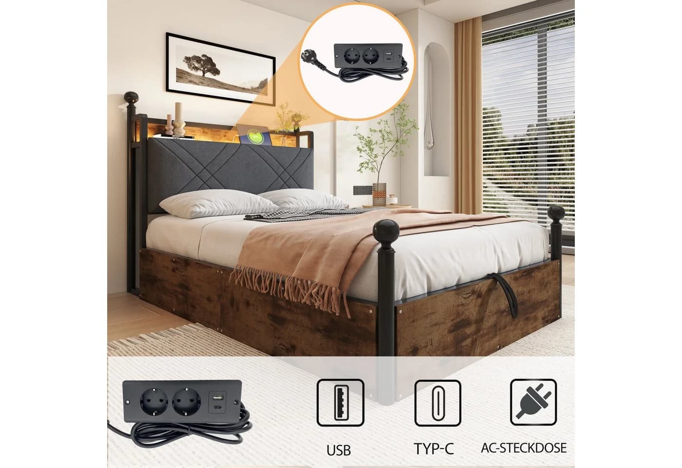 Flieks Himmelbett Stauraumbett Metallbett 90x190cm mit 2 Schubladen LED USB - Bild 4