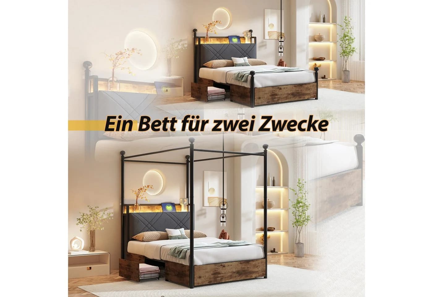 Flieks Himmelbett Stauraumbett Metallbett 90x190cm mit 2 Schubladen LED USB - Bild 5