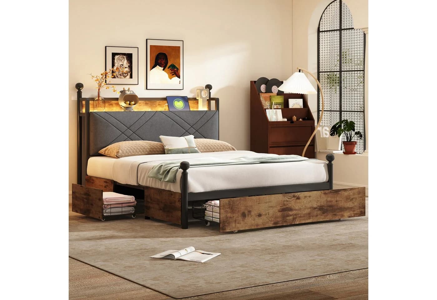 Flieks Himmelbett Metallbett 140x190cm mit 3 Schubladen, LED und USB/Typ-C