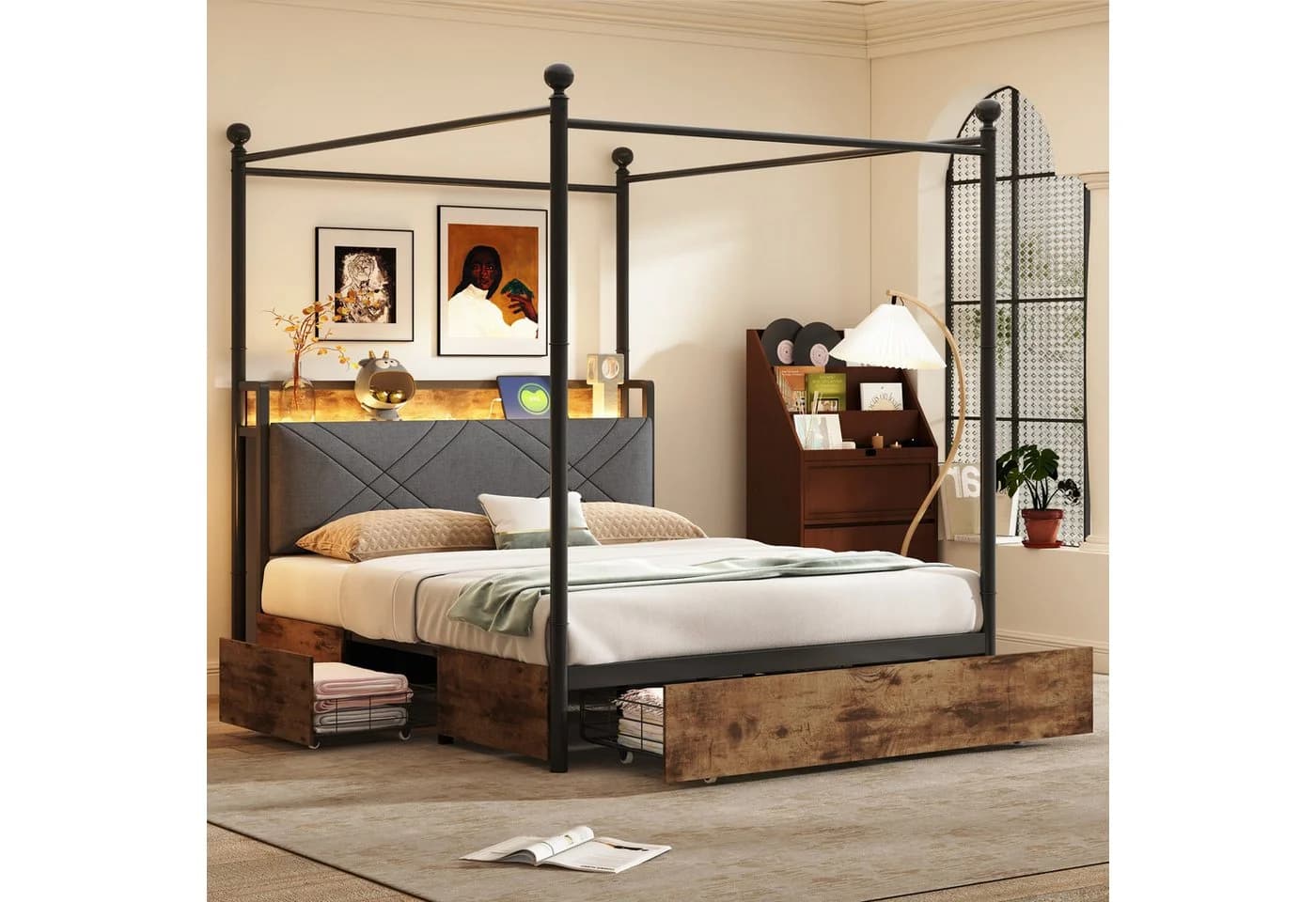 Flieks Himmelbett Metallbett 140x190cm mit 3 Schubladen, LED und USB/Typ-C - Bild 2