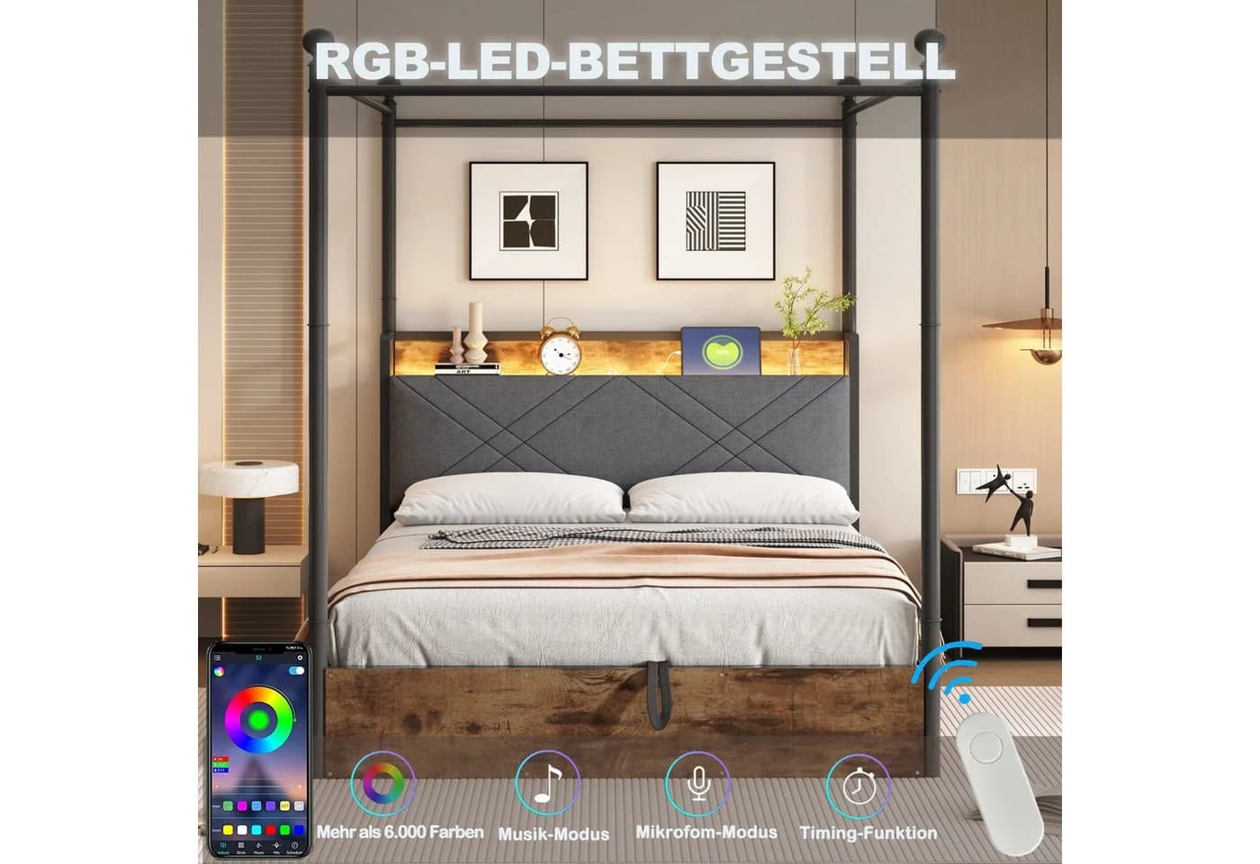 Flieks Himmelbett Metallbett 140x190cm mit 3 Schubladen, LED und USB/Typ-C - Bild 3