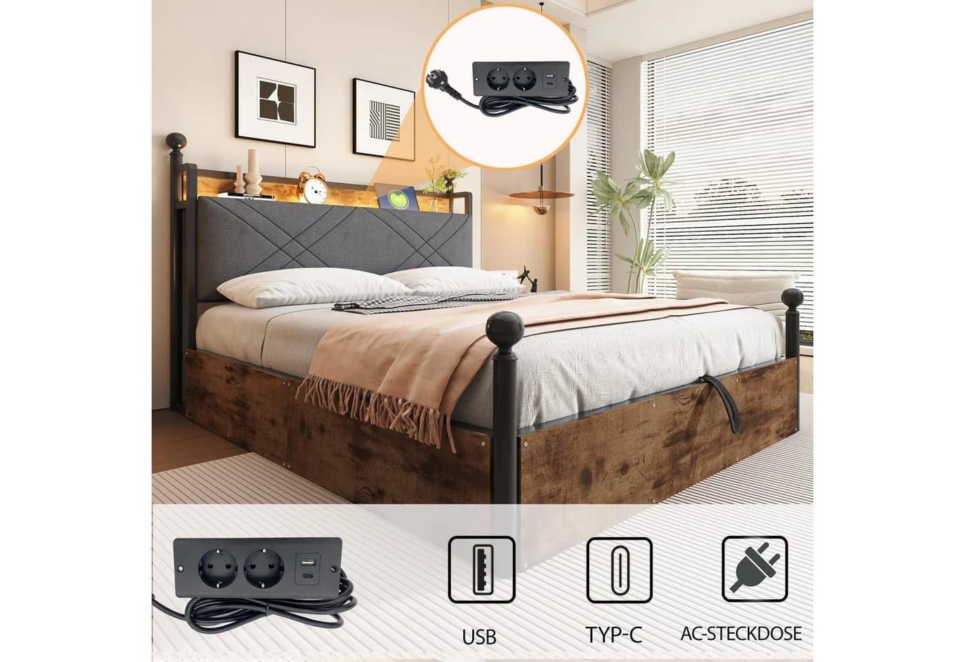 Flieks Himmelbett Metallbett 140x190cm mit 3 Schubladen, LED und USB/Typ-C - Bild 4