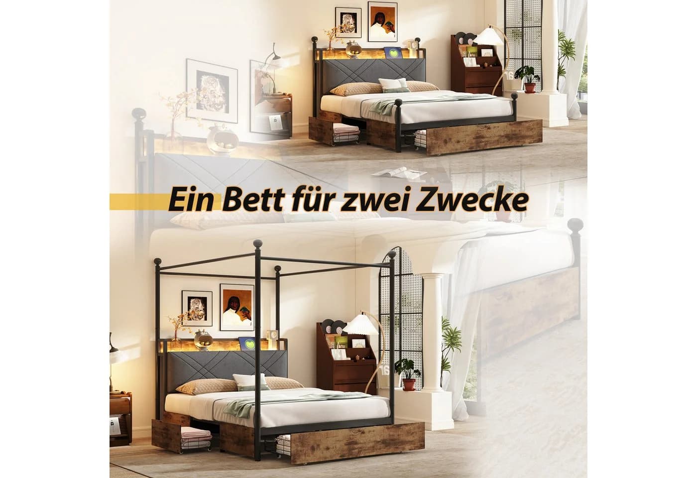 Flieks Himmelbett Metallbett 140x190cm mit 3 Schubladen, LED und USB/Typ-C - Bild 5