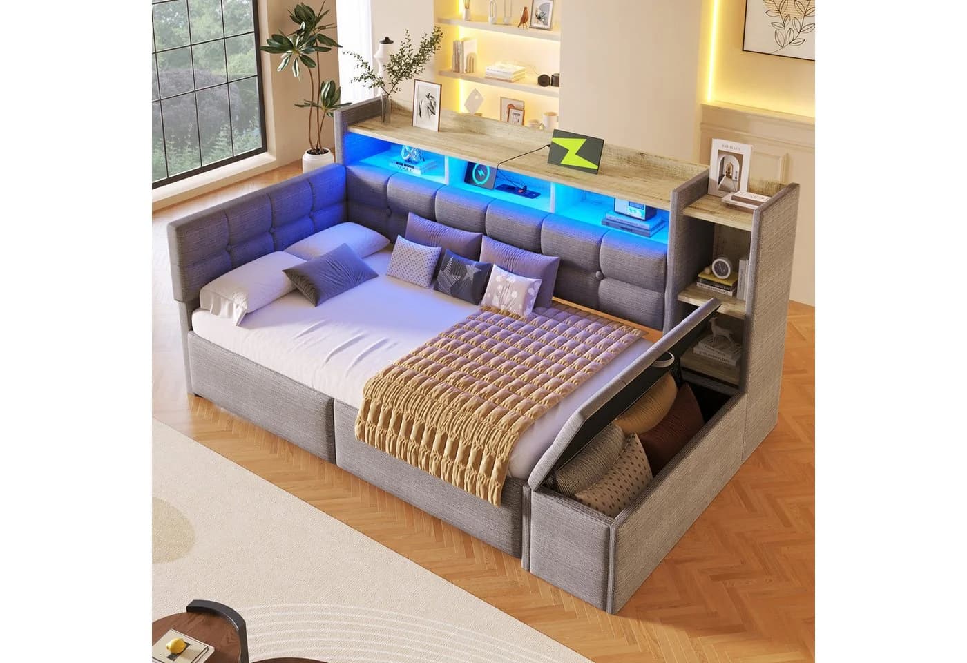 Flieks Daybett Polsterbett 90x190cm mit LED, Aufladen, 2 Schubladen und Polsterbank