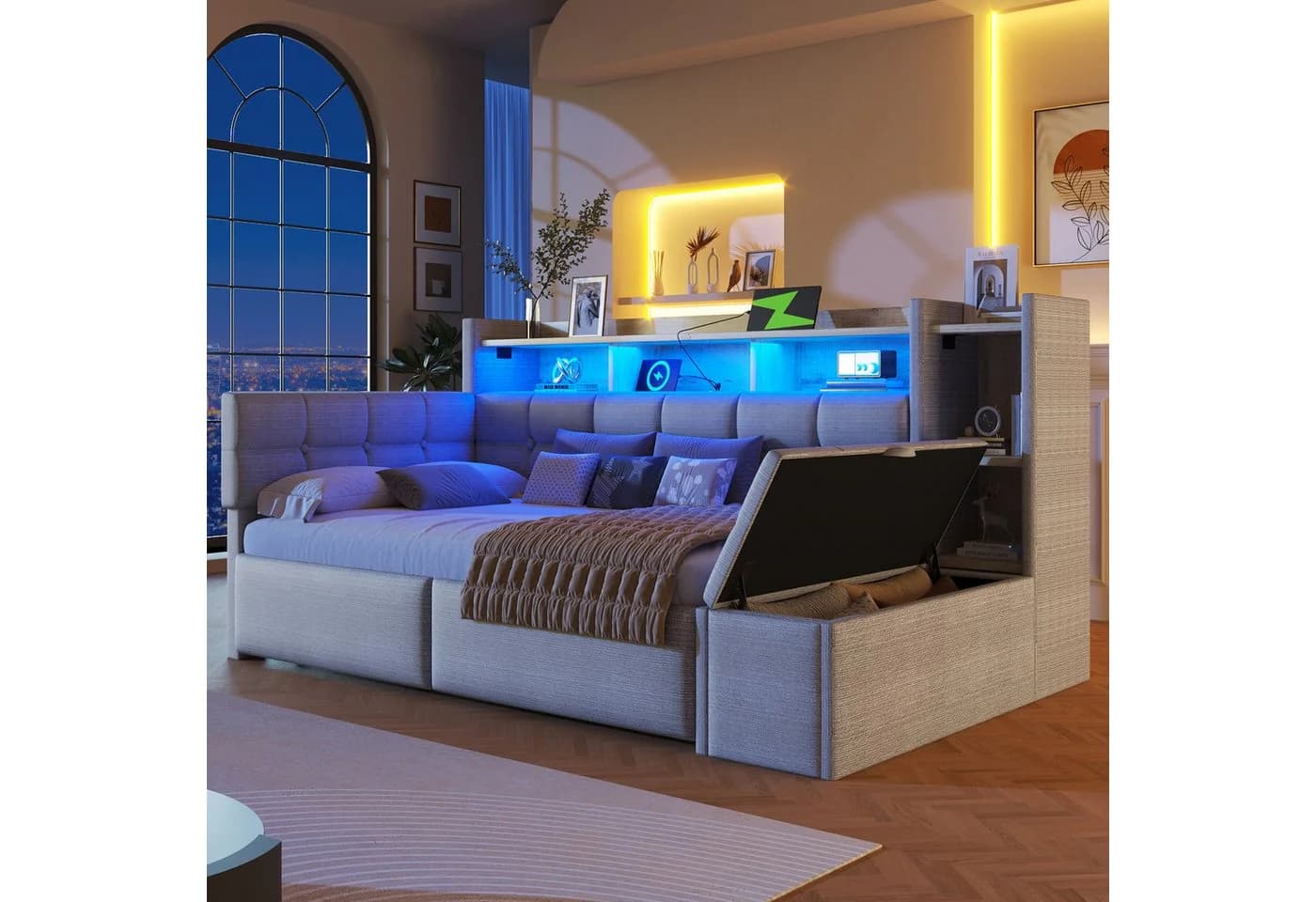 Flieks Daybett Polsterbett 90x190cm mit LED, Aufladen, 2 Schubladen und Polsterbank - Bild 2