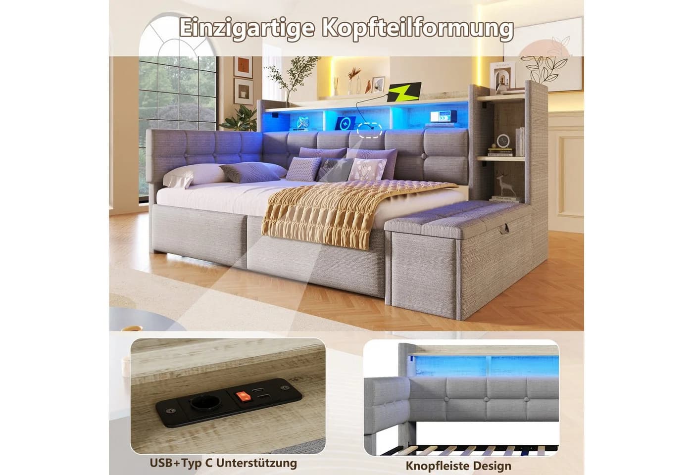 Flieks Daybett Polsterbett 90x190cm mit LED, Aufladen, 2 Schubladen und Polsterbank - Bild 3