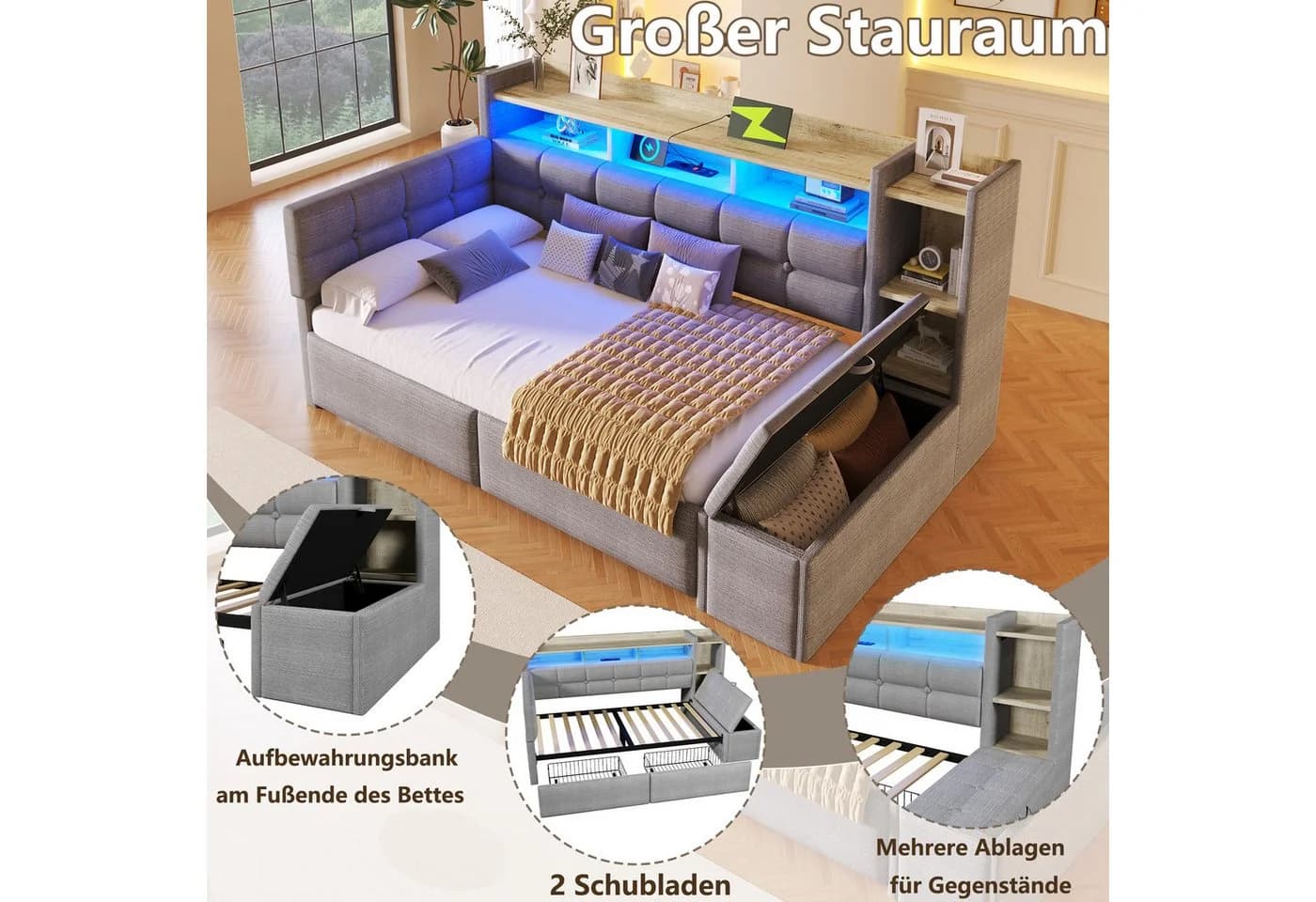 Flieks Daybett Polsterbett 90x190cm mit LED, Aufladen, 2 Schubladen und Polsterbank - Bild 5