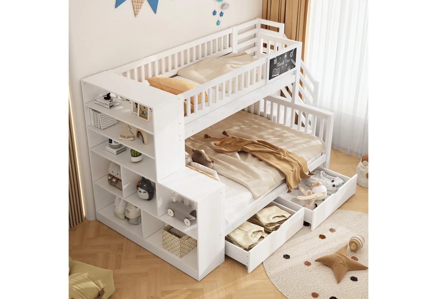 Flieks Etagenbett Kinderbett 90x200cm+140x200cm mit Tafel, 2 Schubladen, Stauraumtreppe